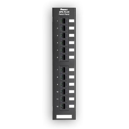 "Panduit DP12688TGY 12-port, Category 6, patch panel with twelve RJ45, 8-position, 8-wire ports. Mounts to 89D wall mount bracket."