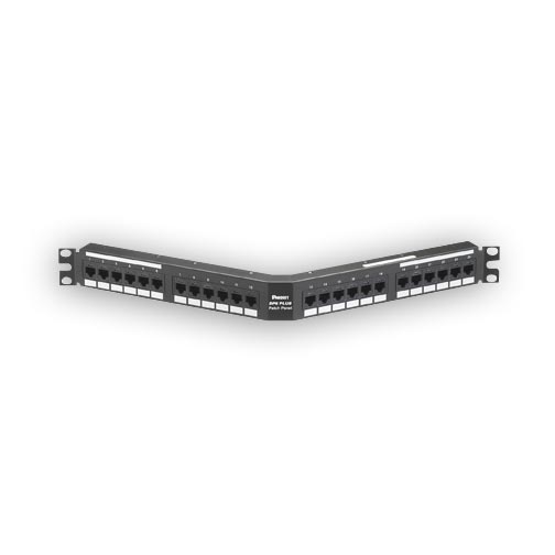 "Panduit DPA24688TGY 24-port, angled, Category 6, patch panel with 24 RJ45, 8-position, 8-wire ports. 1 rack space"